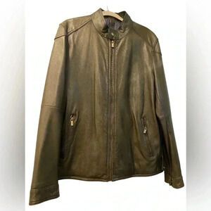 Massimo Dutti Mens Sheep Leather Olive Green Biker Jacket Sz XL